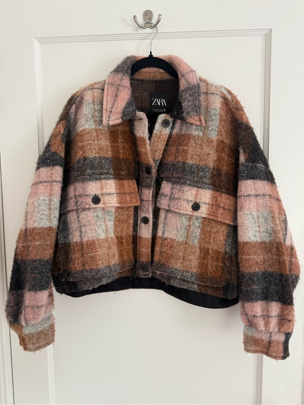 ZARA Pink, Brown & Gray Plaid Cropped Wool-Blend Jacket